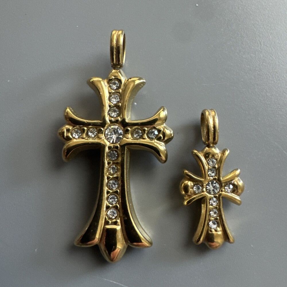 Double Cross Pendant Cubic Zirconia 24” Chain Gold Tone Stainless Steel Unisex